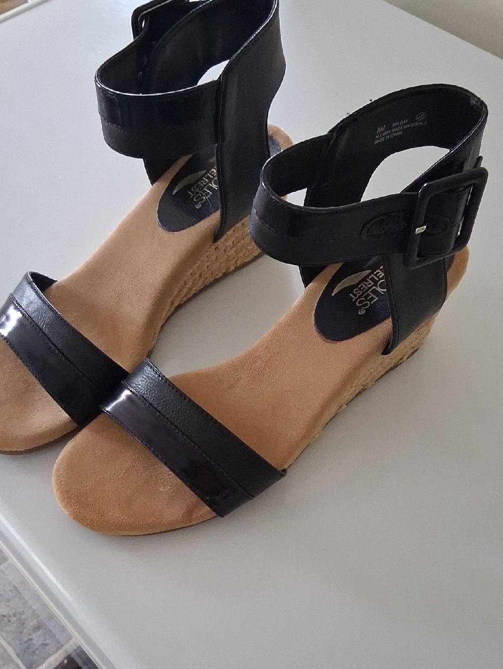 AEROSOLES Black Ankle-Strap Wedge Sandals with Tan Footbed